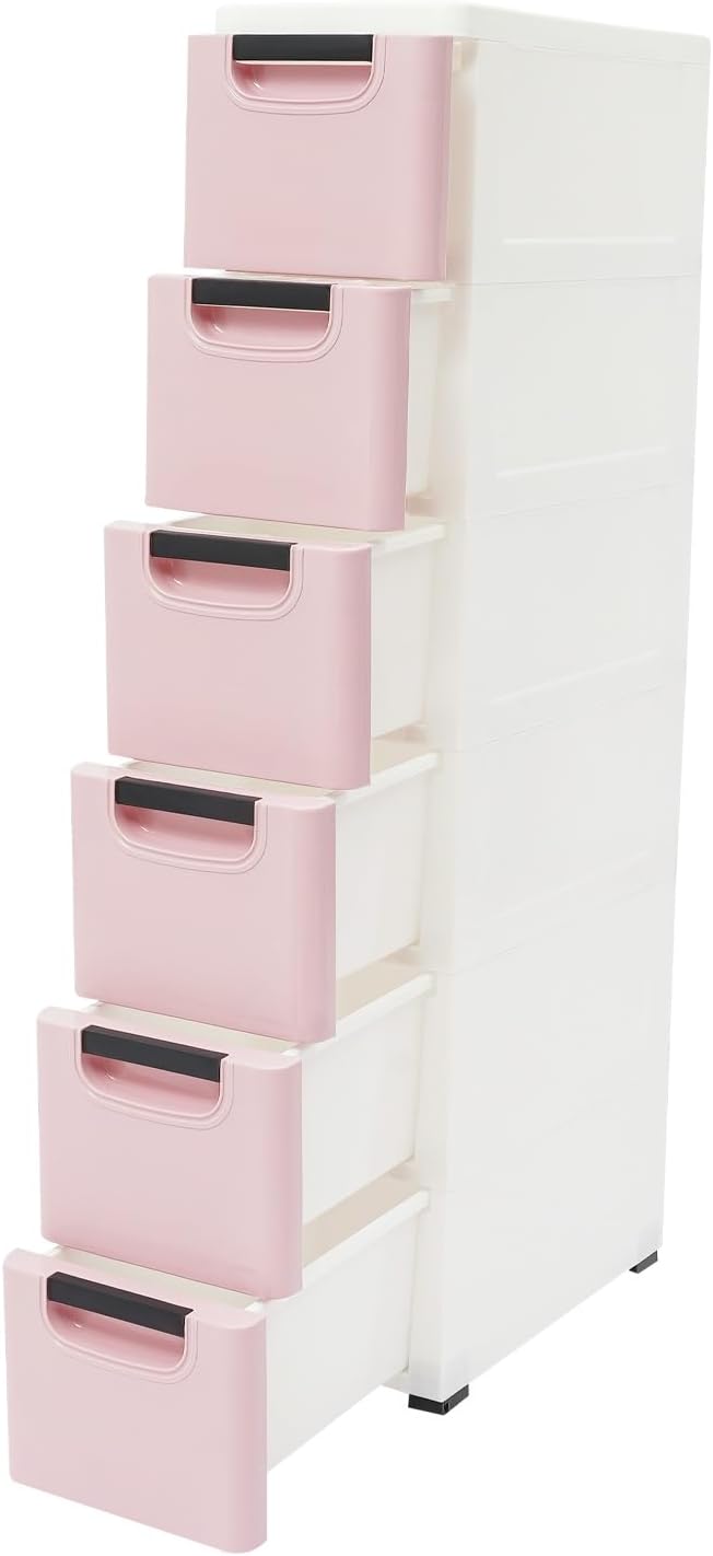 6 Drawers Narrow Slim Plastic Storage Cabinet,Storage Drawer with Wheels,6 Tier Drawers Dresser,Rolling Narrow Cabinet for Small Spaces Bathroom Kitchen Living Room,Pink