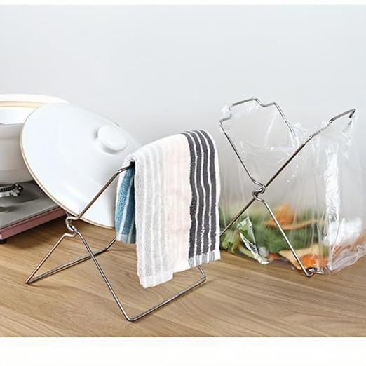 Tabletop Trash Bag Holder-Folding Stainless Steel Trash Bag Holder 11" Garbage Storage Metal Bracket for Countertop,Kitchen,Waste,Living Room,Dining Room,Bar Counter,Indoor Outdoor (Sliver)