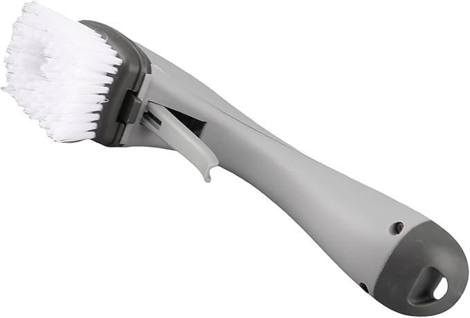 Zerodis Brushes Long Handle Scrub Brush Soap Dispening Tool Suitable for Sinks Countertops Grout Lines Pan Dish Washing Pot Brush with Pot (Grey)