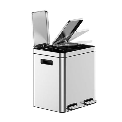Kitchen Trash Can, 2x4 Gallon Rectangular Kitchen Waste Bin, Dual Separate Compartment Recycle Bin with Removable Plastic Inner Buckets, Soft Step-on with Lid