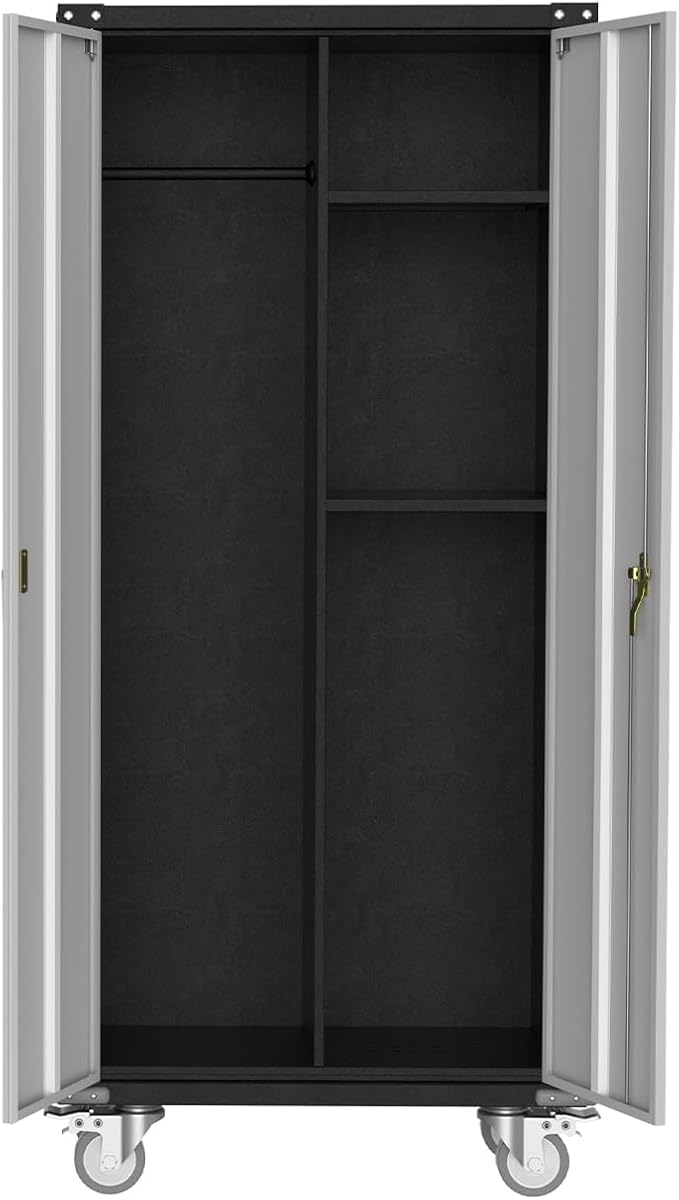 71 Inch Metal Storage Cabinet on Wheels, Tall Locking Wardrobe Cabinet with Hanging Rod, Adjustable Shelves, Garage Tool Organizer, Freestanding Broom Closet for Bathroom, Office, Cleaning Supplies