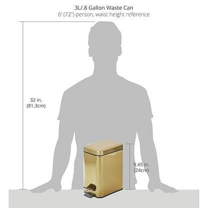 mDesign Slim Metal Rectangle 0.8 Gallon Trash Can with Step Pedal, Easy-Close Lid, Removable Liner - Narrow Wastebasket Garbage Container Bin for Bathroom, Bedroom, Kitchen, Office - Soft Brass
