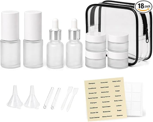 18 pcs Glass Travel Bottles for Toiletries, TSA Approved Glass Travel Containers White Frosted Mini Travel Bottles with Label, BPA Free Leak Proof with Pump Bottles for Makeup, Skincare