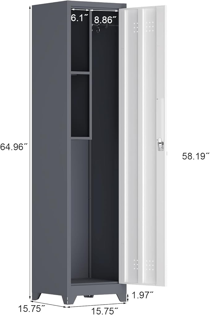 65'' Metal Broom Cabinet with Lock Heavy-Duty Cleaning Storage Cabinet with Adjustable Hooks and Shelves Narrow Freestanding Utility Storage Gray Cleaning Supply Organizer for Laundry Room Garage