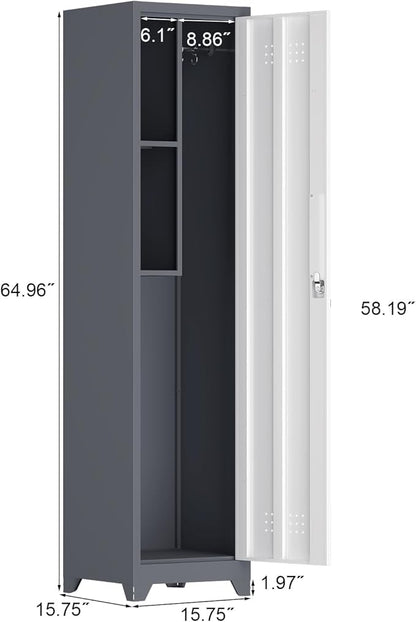 65'' Metal Broom Cabinet with Lock Heavy-Duty Cleaning Storage Cabinet with Adjustable Hooks and Shelves Narrow Freestanding Utility Storage Gray Cleaning Supply Organizer for Laundry Room Garage