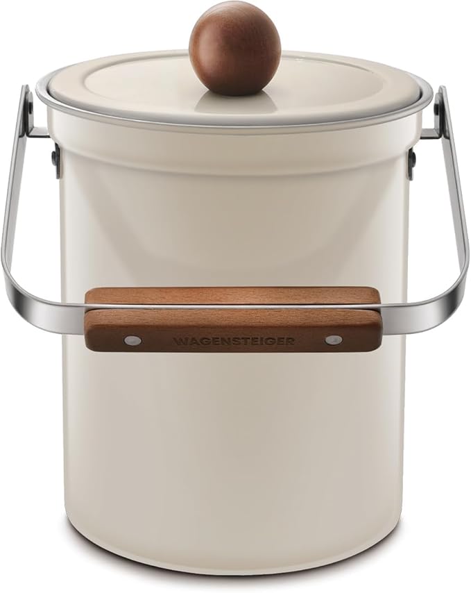 WAGENSTEIGER Kitchen Countertop Compost Bin 101ounces / 3Liters, Airtight Lid SUS304 Stainless Steel Odor-Free Food Waste Bin with Wooden Handle Stylish Design Bathroom Trash Can (Off-White)
