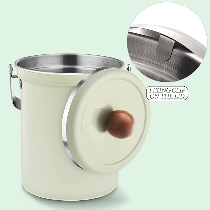 WAGENSTEIGER Kitchen Countertop Compost Bin 101Ounces / 3Liter with Airtight Lid, SUS304 Stainless Steel Odor-Free Food Waste Bin with Wooden Handle Stylish Design/Bathroon Trash Can (Mint Green)