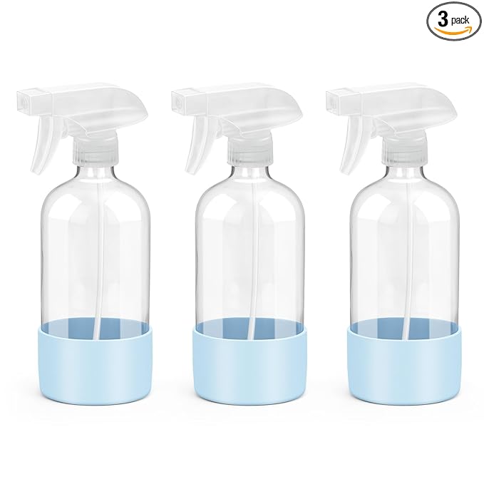 Rionisor Glass Spray Bottles with Silicone Sleeve Protection, Empty 16 oz Refillable Containers, Reusable Spray Bottles with Adjustable Nozzle for Hair, Cleaning Solutions, 3 Pack Blue