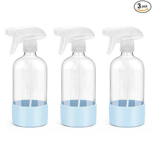 Rionisor Glass Spray Bottles with Silicone Sleeve Protection, Empty 16 oz Refillable Containers, Reusable Spray Bottles with Adjustable Nozzle for Hair, Cleaning Solutions, 3 Pack Blue