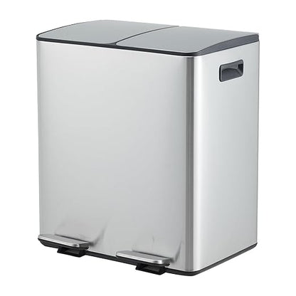 40L Dual Compartment Trash Can, Stainless Steel Kitchen Recycling Bin with Lid, Odor Control Soft Close Step Trash Can, Fingerprint Resistant Garbage Can with 2 Removable Inner Buckets, Sliver