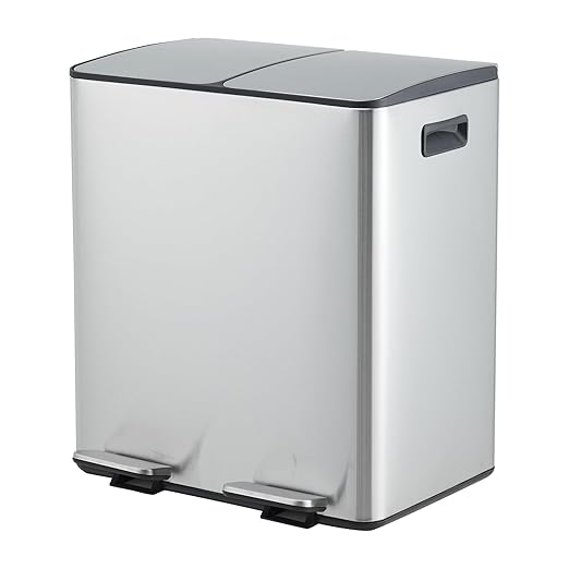 2 x 5.3 Gal (2 x 20L) Dual Compartment Stainless Steel Kitchen Trash Can, Garbagin Bin with Recycling, Soft-Close Lid, Foldable Step-on Pedal, Removable Plastic Inner Buckets, Sliver