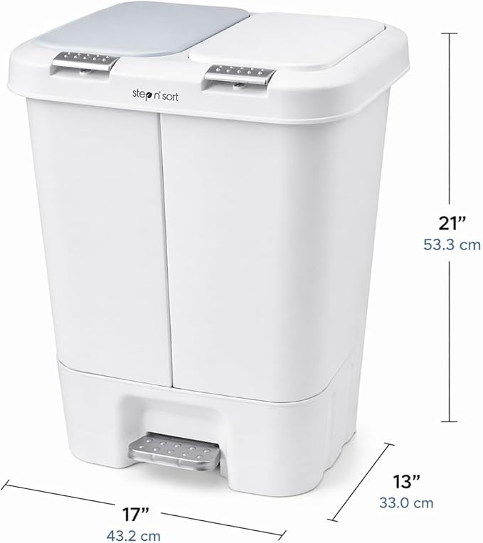Step N' Sort 2 x 5.5 Gallon, Dual Trash and Recycling Bin with Slow Close Lid, White, 40 Liter (SNS402-W)