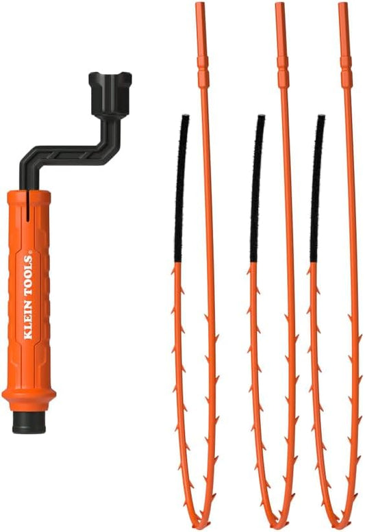 Klein Tools 53020 Drain Snake Auger Hair Clog Removal Tool, 3-Pack, Hair Clog Remover, Quick Release Collar for Hands-Free Disposal, 18-Inch Reach, 360-Degree Pivot Handle