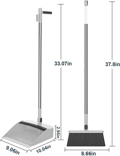 37.8in Broom and Dustpan Set Foldable Hand Brooms for Home & Kitchen with Rotatable Standing Storage, Buckle Type Broom with Dustpan Combo Set Outdoor Brooms Cleaning Tool Apartment Essentials (White)
