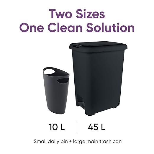 Superio 10L and 45L Slim Step & Push Trash Cans - 2 Pack, Dual Opening, Space-Saving Design, Durable Plastic - Black