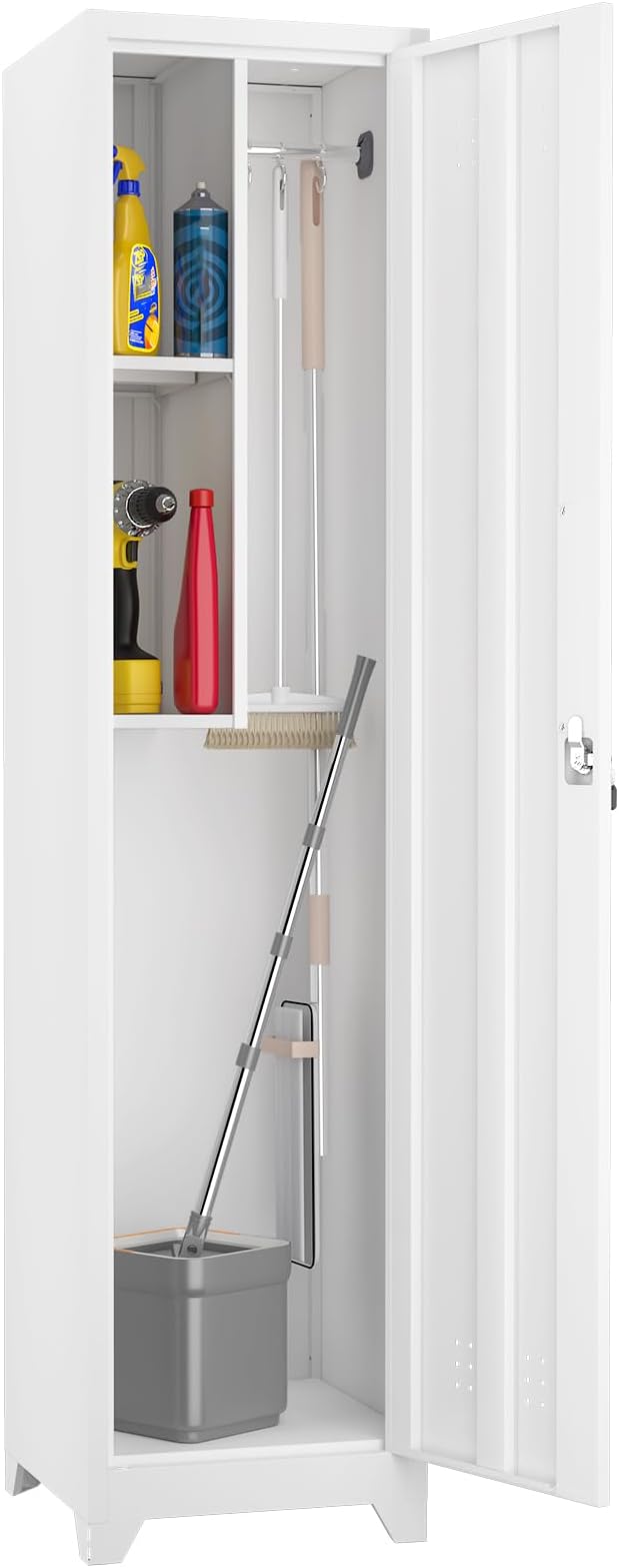 Broom Closet Storage Cabinet,65" H Slim Tool Cabinets with Locking Door and 2 Shelves,Utility Cabinet with Hanging Rod and Hooks for Home Office,White
