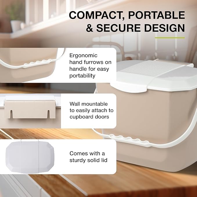 Nova Products Kitchen Compost Bin – 2 Gallon (8L) Countertop Food Waste Container | Ergonomic Handle | Beige Base with White Handle | Easy to Clean Design | Made from Durable HDPE
