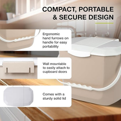 Nova Products Kitchen Compost Bin – 2 Gallon (8L) Countertop Food Waste Container | Ergonomic Handle | Beige Base with White Handle | Easy to Clean Design | Made from Durable HDPE