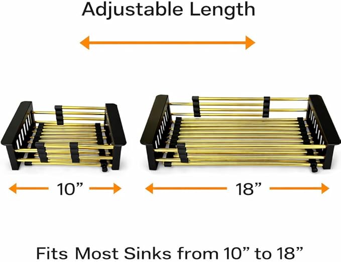 Gold Expandable Dish Drying Rack Over the Sink, Adjustable Stainless Steel Sink Drying Rack for Plates, Bowls & Utensils, Space-Saving Kitchen Counter Drainer(10-18 in)