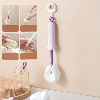 12.2" Long Sponge Bottle Brush with Hands-Free Self-Squeezing Handle, 2-in-1 Cup Cleaner with Hidden Straw Detail Brush, BPA-Free PP Scrub Brush for Thermos, Baby Bottles & Wine Glass (Lilac 1PC)