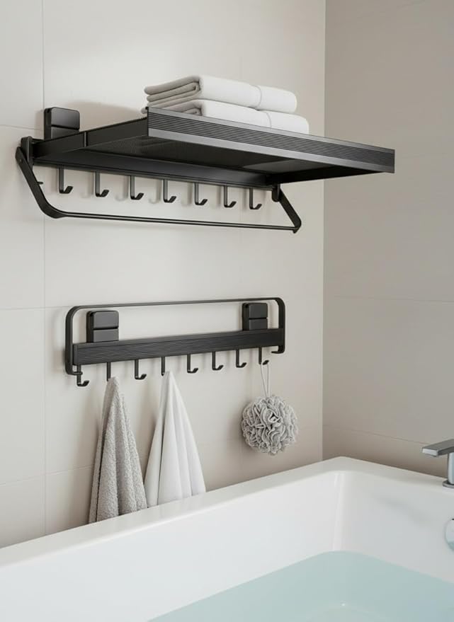 Retractable Wall Mounted Bathroom Clothes Rack with Foldable Towel Bar,6 Movable Hooks and Underwear Drying Net,Space Saving Organizer (Black)