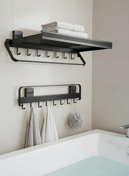 Retractable Wall Mounted Bathroom Clothes Rack with Foldable Towel Bar,6 Movable Hooks and Underwear Drying Net,Space Saving Organizer (Black)