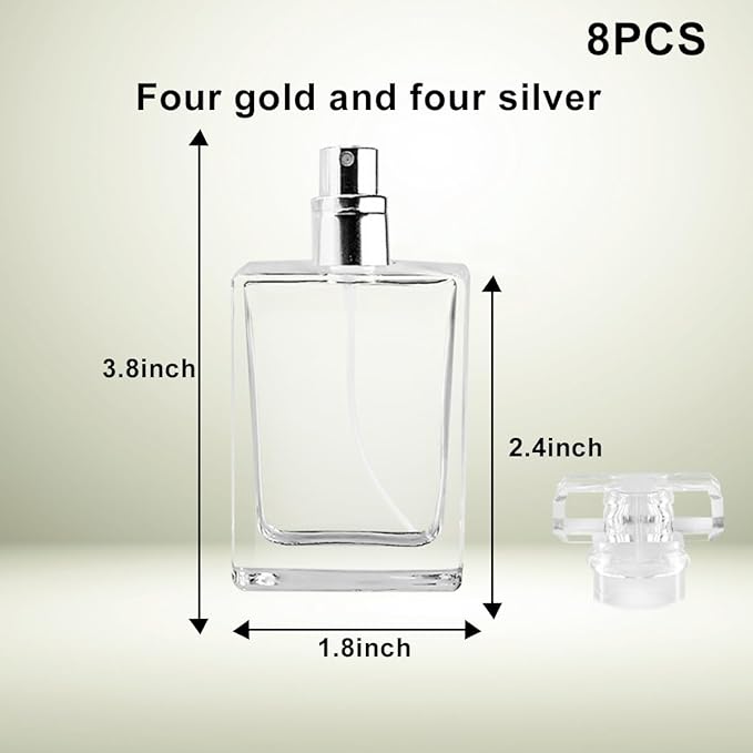 Enenes Glass Perfume Bottles 8 Pack 30ml/1Oz Premium Square Gold & Silver Refillable Atomizer Spray Bottle Leak-Proof Portable Empty Perfume Containers for Travel, Purse, Gym & Home Office Use