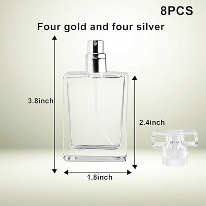 Enenes Glass Perfume Bottles 8 Pack 30ml/1Oz Premium Square Gold & Silver Refillable Atomizer Spray Bottle Leak-Proof Portable Empty Perfume Containers for Travel, Purse, Gym & Home Office Use