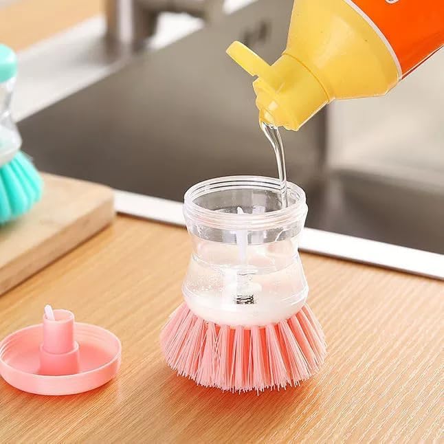 (3pcs) Kitchen Dish Brush with Soap Dispenser, Round Bristles.Kitchen Household Pot Washing Brush, Multifunctional Pot Brush (Pink Colour)