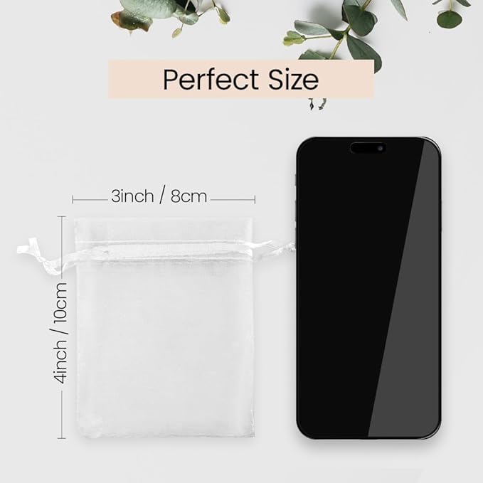 Meowoo 100pcs Small Organza Bags, 3x4in White Jewelry Pouches, Mesh Drawstring Bags For Candy, Christmas, Festivals, Wedding, Bathroom Soaps, Makeup Organza, Wrapping Supplies
