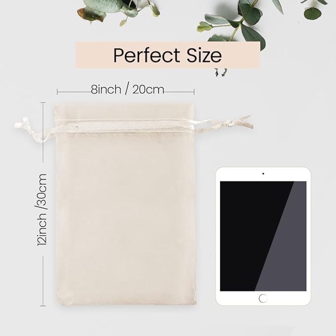 Meowoo 100PCS Organza Bags, 8x12in Small Mesh Bags Drawstring, Mesh Gift Bags Drawstring for Jewelry, Candy, Christmas, Sachets, Festivals, Bathroom Soaps, Makeup Organza, Wrapping Supplies(beige)