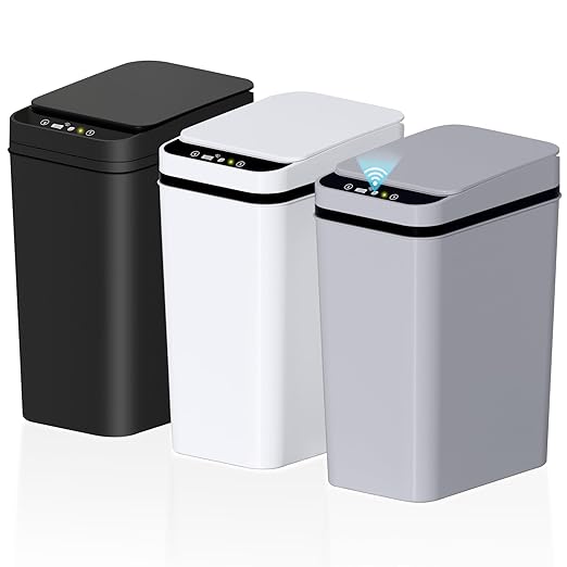 jinligogo 3Pack Bathroom Small Trash Can with Lid, 2.6 Gallon Touchless Automatic Garbage Can Slim Waterproof Motion Sensor Smart Trash Bin for Bedroom, Office, Living Room White/Black/Grey