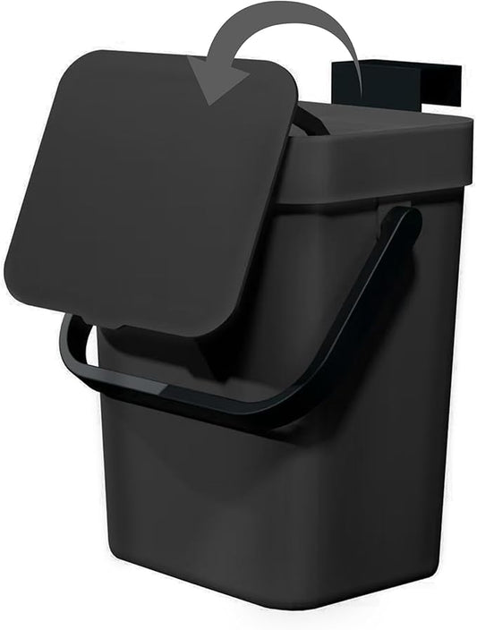 Compost Bin Kitchen, for use on Countertops or Under Sinks, Hanging Trash Can with Lid, Mountable Indoor Compost Bucket, for Cupboard/Bathroom/Bedroom/Office/Camping (Black 1.3 Gallon/5L)