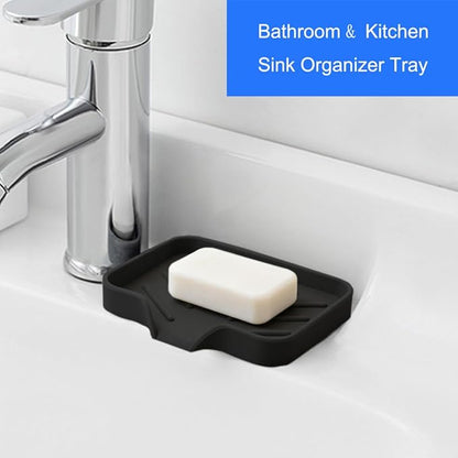 Sponge Holder with Drain Spout, Silicone Sponge Tray for Kitchen Sink, Rubber Soap Dish for Shower Bathroom (Black, 4.7" x 3.6")
