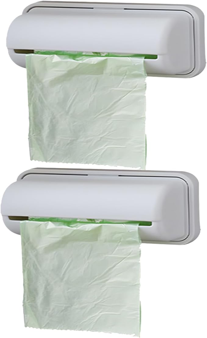 2Pack Small Trash Bag Dispenser Wall Mount with 2 Hooks for Kitchen Bathroom Waste Bin Can Liner Holder Organizer Under Sink
