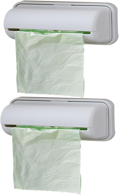 2Pack Small Trash Bag Dispenser Wall Mount with 2 Hooks for Kitchen Bathroom Waste Bin Can Liner Holder Organizer Under Sink
