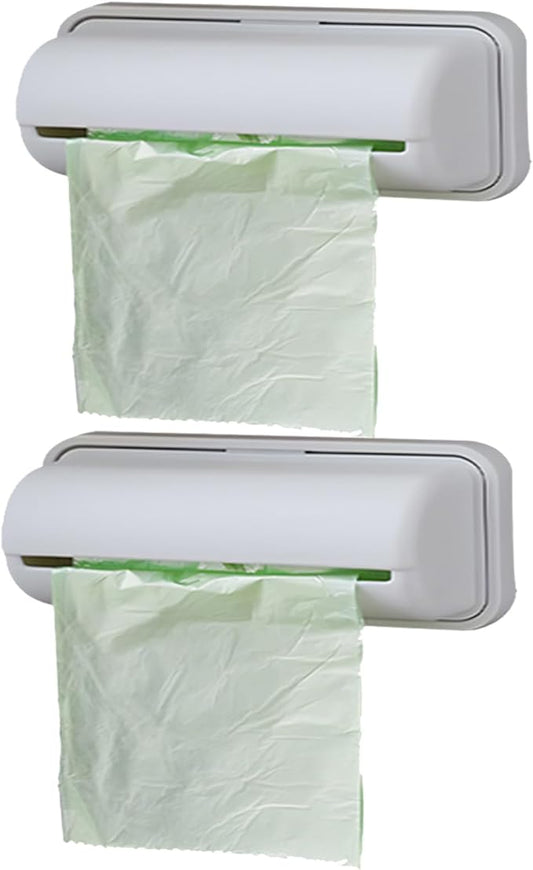 2Pack Small Trash Bag Dispenser Wall Mount with 2 Hooks for Kitchen Bathroom Waste Bin Can Liner Holder Organizer Under Sink
