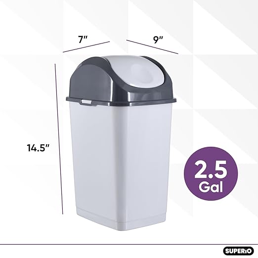 Superio 4.5 Gallon Plastic Swing Top Trash Can with Lid, Gray/Smoke, 2"