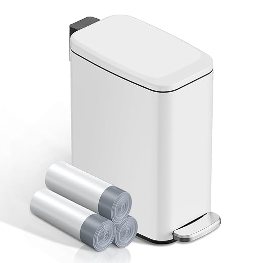 KSSKSS Small Bathroom Trash Can with Lid Soft Close, Step Pedal, 6L / 1.6 Gal Stainless Steel Garbage Bin with Removable Inner Bucket, Slim Wastebasket for Narrow Spaces (White)