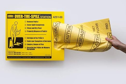 Rubbermaid Commercial Products Over the Spill Pad Station Kit Absorbent Mat Pads Yellow Large Fast at Absorbing Water/Oil/Beverages For Residential/Commercial/Restaurant/Office/Facility Use