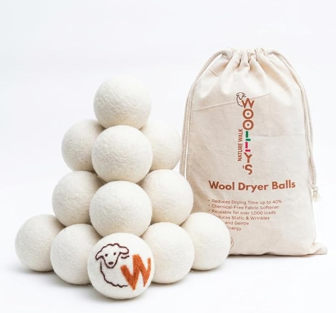 Woolly's Wool Dryer Balls – 100% Pure New Zealand Wool, Reusable Natural Fabric Softener, Reduces Drying Time & Clothes Wrinkles, Chemical-Free Dryer Balls (Pack of 12)
