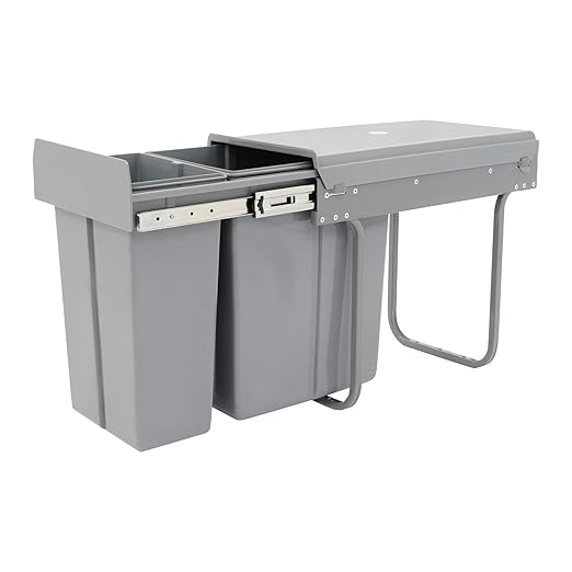 Pullout Trash Can, 10L + 20L Pull Out Under Cabinet Trash Can with Lid, Kitchen Cabinet Garbage Can Sliding Out Under Counter Waste Bin (Grey)