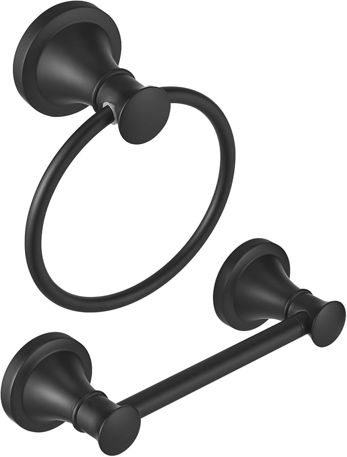 RUMOSE Toilet Paper Holder and Hand Towel Ring Matte Black Wall Mount Bathroom Hardware Accessories 2 PCS Set Flexible Pivoting Toilet Tissue Roll Holder and Towel Hanger, Stainless Steel