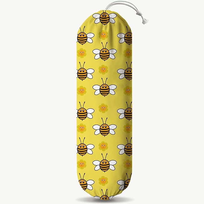 Bees Plastic Bag Holder, Hanging Shopping Bags Storage Carrier, Yellow Fabric Garbage Trash Bag Dispenser for Home Kitchen Pantry Cabinet, Wall Mount, Kitchen Housewarming Gifts for Women