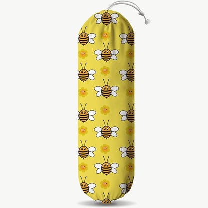 Bees Plastic Bag Holder, Hanging Shopping Bags Storage Carrier, Yellow Fabric Garbage Trash Bag Dispenser for Home Kitchen Pantry Cabinet, Wall Mount, Kitchen Housewarming Gifts for Women