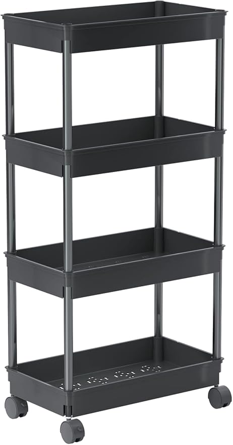 Sooyee 4 Tier Wide Storage Cart Mobile Shelving Unit Organizer Slide Out Storage Rolling Utility Cart Tower Rack for Kitchen Bathroom Laundry, Plastic & Stainless Steel, Black