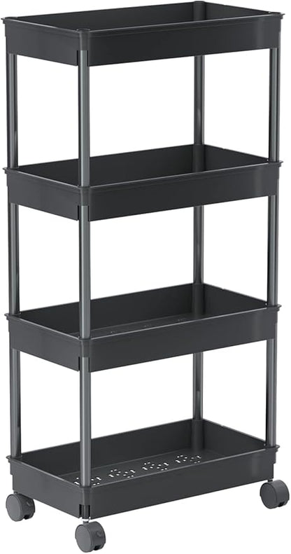 Sooyee 4 Tier Wide Storage Cart Mobile Shelving Unit Organizer Slide Out Storage Rolling Utility Cart Tower Rack for Kitchen Bathroom Laundry, Plastic & Stainless Steel, Black