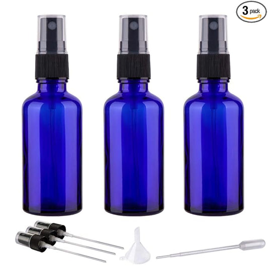 Hydior 2oz Small Fine Mist Spray Bottles For Essential Oils, Blue Glass Spray Bottle 3 Pack