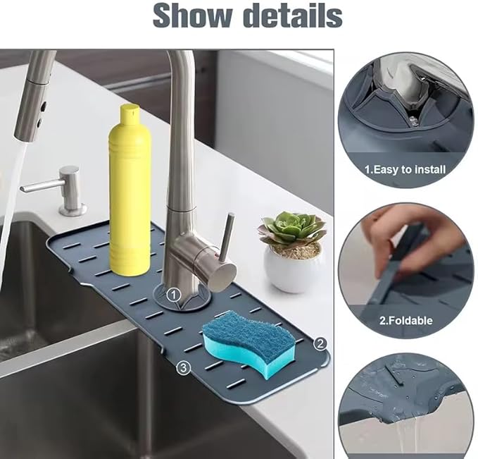 Silicone Sink Splash Guard for Faucet – Faucet Mat Drip Catcher, Kitchen Sink Water Guard, Behind Faucet Protector, Fast-Drying, Fits Most Sinks (14.5” x 5.5”, Dark Gray)