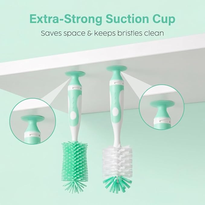 Ariseno 5-in-1 Baby Bottle Brush Set, Bottle Brush for Baby, Bottle Cleaner Brush Set, Including Nylon and Silicone Bottle Brush, Bottle Cap Brush, Straw Brush, Nipple Brush, BPA-Free (Green)